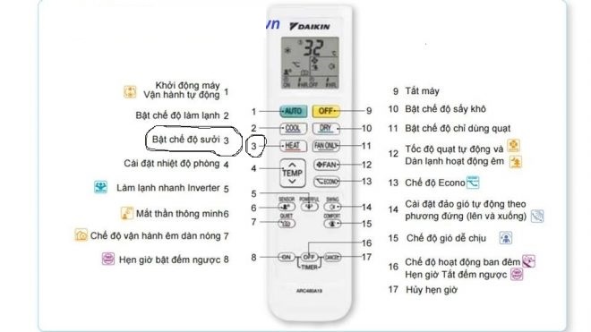 Cách bật chế độ sưởi ấm trên điều hòa Daikin